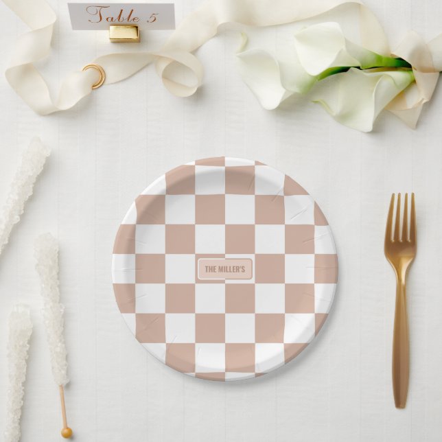 Personalized Checkered Neutral Rose Blush Pink Paper Plates (Wedding)