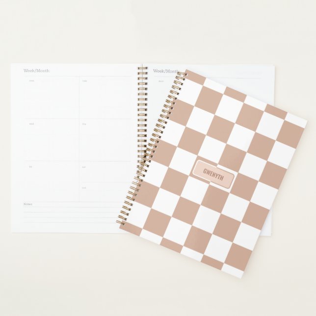 Personalized Checkered Neutral Rose Blush Pink Planner (Display)