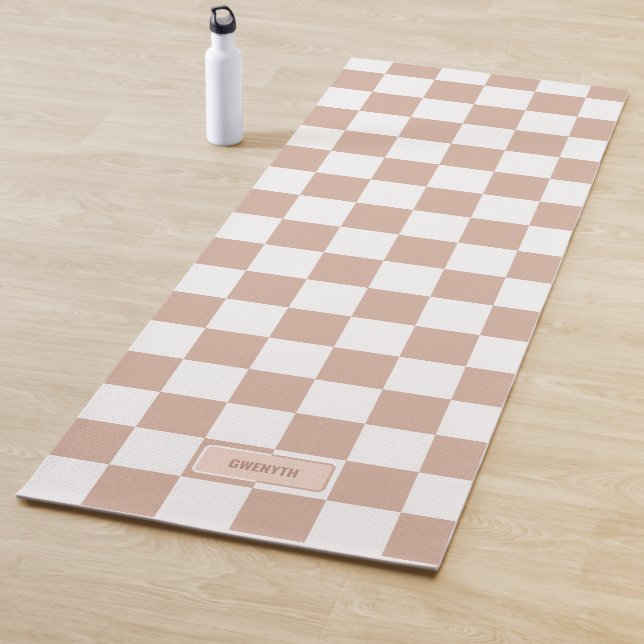 Personalized Checkered Neutral Rose Blush Pink Yoga Mat (In Situ)