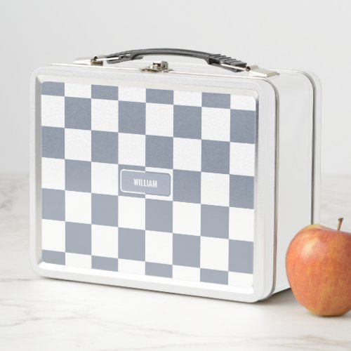 Personalized Checkered Neutral Slate Blue Gray Metal Lunch Box