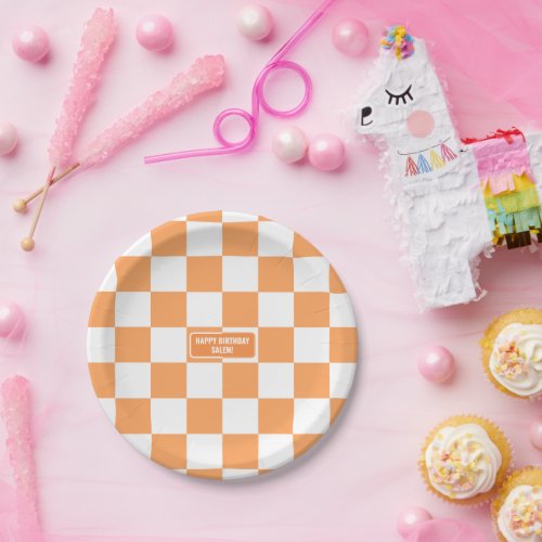Personalized Checkered Orange Highlighter Paper Plates