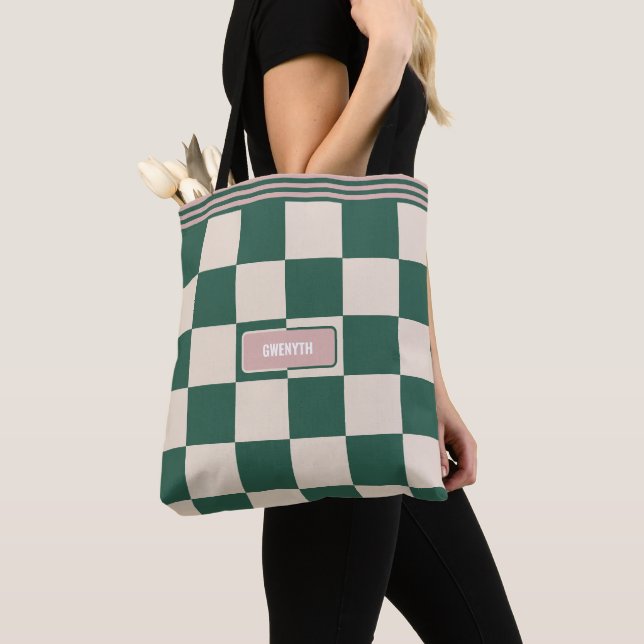 Personalized Checkered Pink & Green Tote Bag (Close Up)