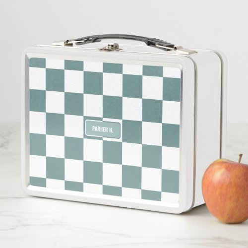 Personalized Checkered Porcelain Turquoise Blue Metal Lunch Box