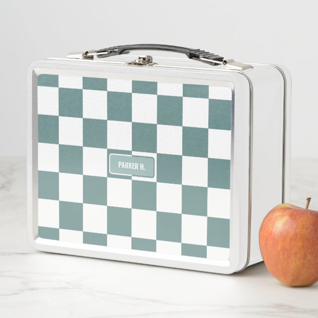 Personalized Checkered Porcelain Turquoise Blue Metal Lunch Box (In Situ)