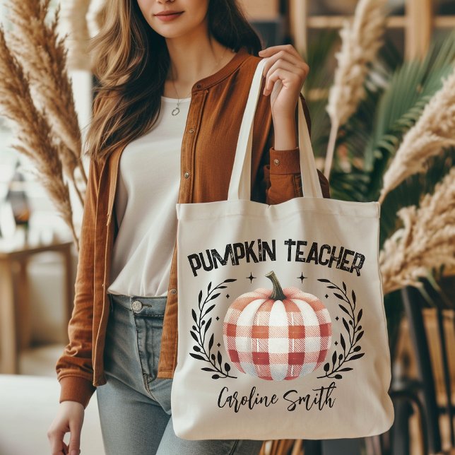 Personalized checkered pumpkin teacher tote, Fall Tote Bag (personalized tote bag, checkered pumpkin tote, Halloween vibes, Halloween tote bag, teacher gift, )