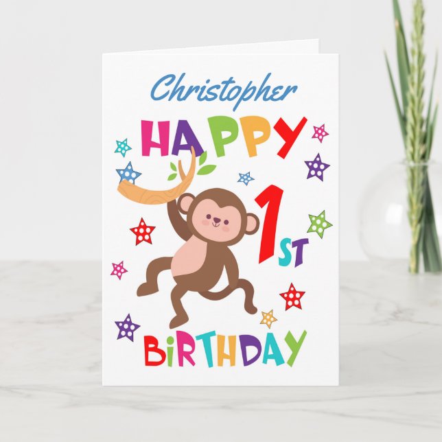 Personalized Cheeky Monkey 1st Birthday Card (Front)