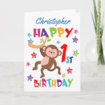 Personalized Cheeky Monkey 1st Birthday Card<br><div class="desc">A special 1st birthday card! This bright fun first birthday card features a cheeky monkey, some pretty stars and colorful text. A cute design for someone who will be one year old. Add the 1st birthday child's name to the front of the card to customize it for the special boy...</div>
