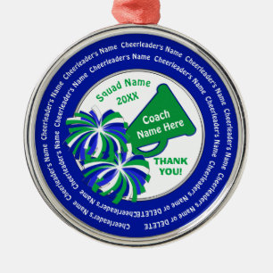 Personalized Cheer Coach Gifts, Blue, Green, White Metal Ornament