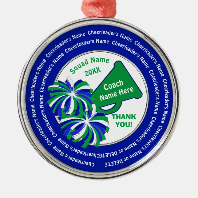 Personalized Cheer Coach Gifts, Blue, Green, White Metal Ornament (Front)