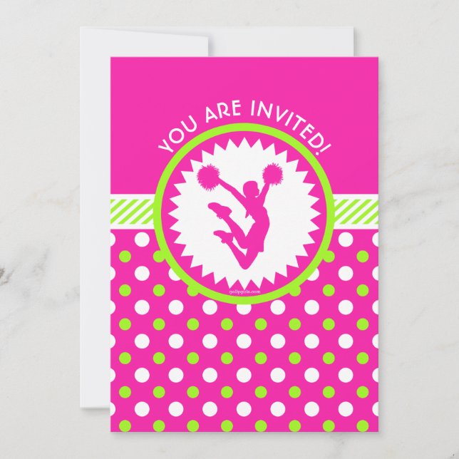 Personalized Cheer / Pom Pink - Green Polka-Dots Invitation (Front)