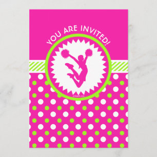 Personalized Cheer / Pom Pink - Green Polka-Dots Invitation