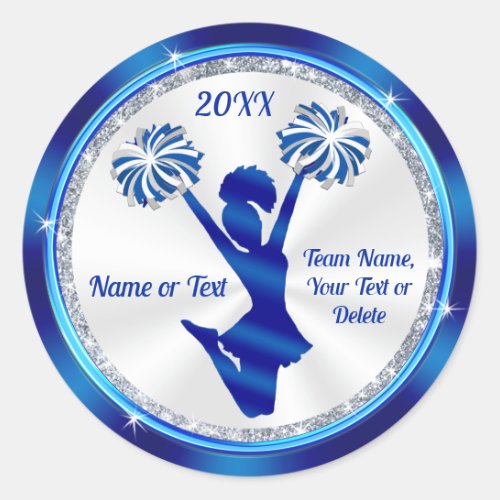Personalized Cheer Stickers Blue White Silver Classic Round Sticker