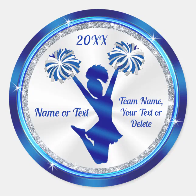 Personalized, Cheer Stickers, Blue, White, Silver Classic Round Sticker ...