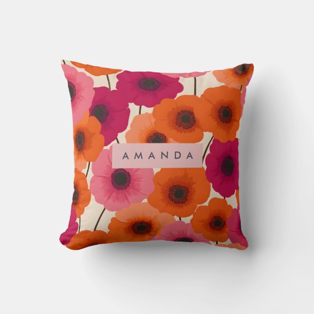 Personalized Cheerful Orange Pink Flower Throw Pillow (Front)