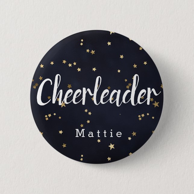Personalized Cheerleader Navy Blue and Gold Stars Button (Front)