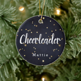 Personalized Cheerleader Navy Blue and Gold Stars Ceramic Ornament