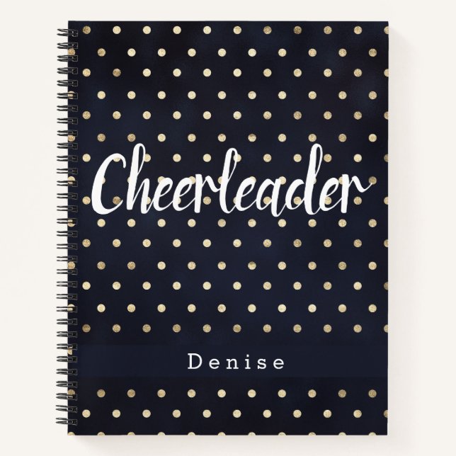 Personalized Cheerleader Navy Blue Gold Polka Dots Notebook (Front)