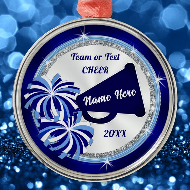 Personalized Cheerleader Ornaments, Blues, White Metal Ornament (Personalized Cheerleading Ornament. Cheer team Christmas gifts or Gifts for Senior Cheerleaders.)