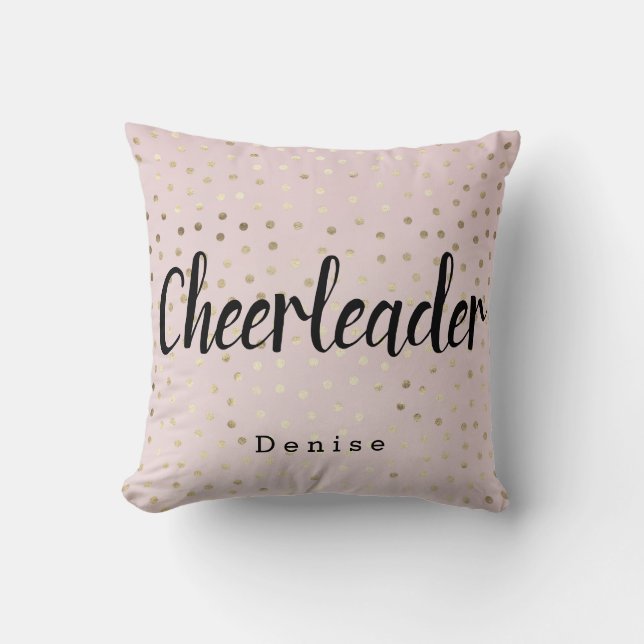Personalized Cheerleader Pink and Gold Polka Dots Throw Pillow (Front)