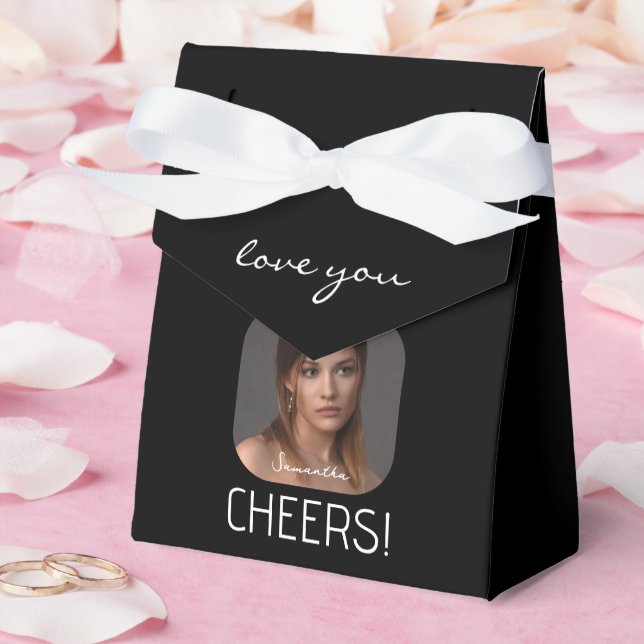 Personalized Cheers Photo Name Script Black  Favor Boxes (Wedding)