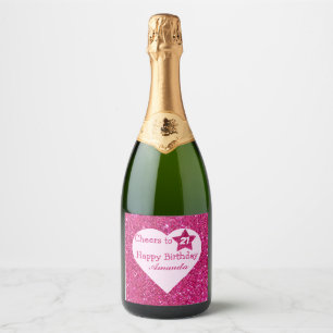 Personalized Cheers to 21st Birthday Pink Glitter Sparkling Wine Label