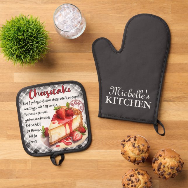 Personalized Cheesecake Baking Recipe Oven Mitt & Pot Holder Set (Top Down)