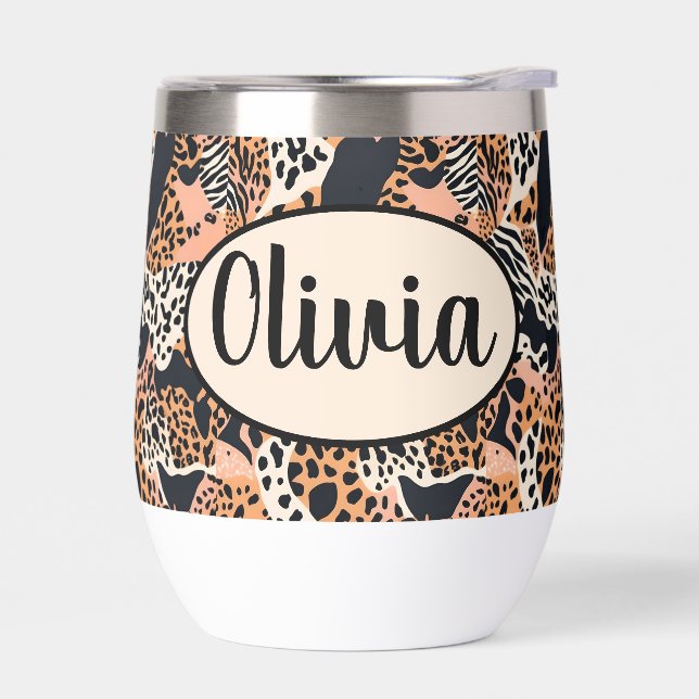 Personalized Cheetah and Zebra Print Thermal Wine Tumbler (Left)