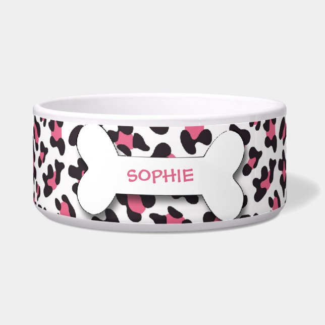 Personalized cheetah print dog bone pet food bowl (Front)