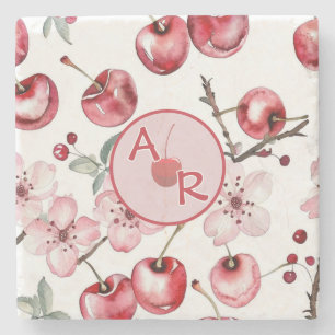 Personalized Cherry Blossom and Monogram Stone Coaster