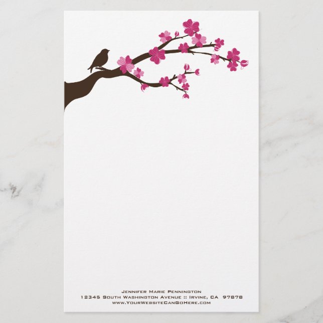 Personalized cherry blossom bird stationery (Front)