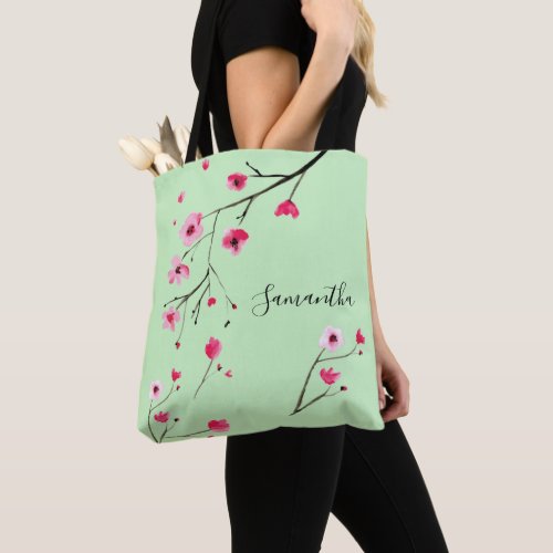 Personalized  Cherry Blossom  Black Tote Bag