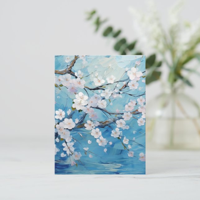 Personalized Cherry Blossom Blue Postcard (Standing Front)