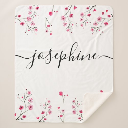 Personalized Cherry Blossom watercolor floral Baby Sherpa Blanket