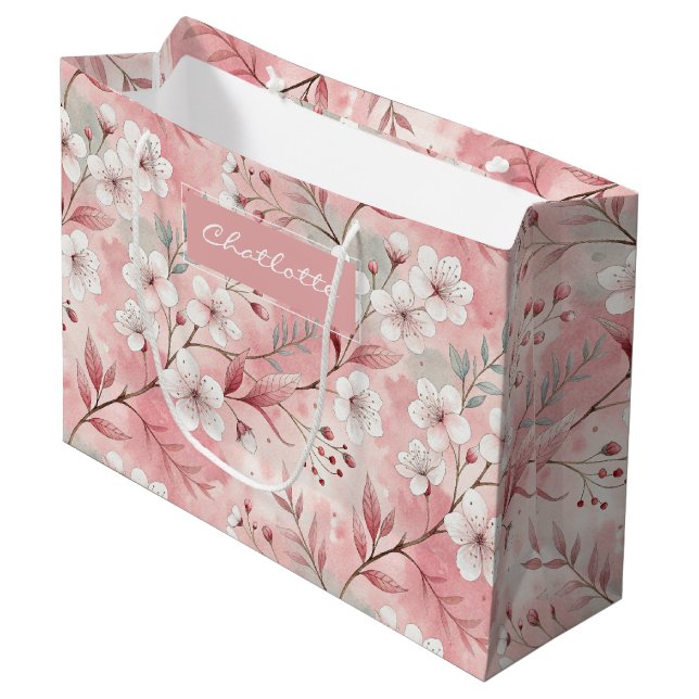 Personalized cherry blossoms large gift bag (Front Angled)