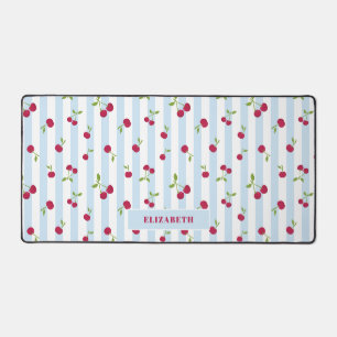 Personalized Cherry Blue Stripes Retro Cute Desk Mat