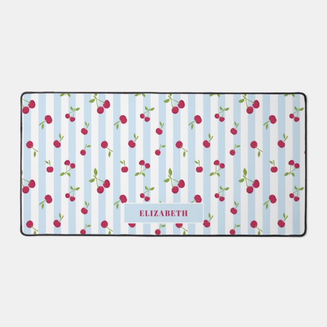 Personalized Cherry Blue Stripes Retro Cute Desk Mat (Front)