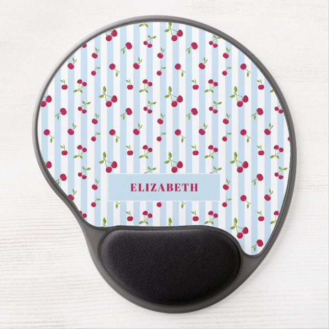 Personalized Cherry Blue Stripes Retro Cute Gel Mouse Pad (Front)
