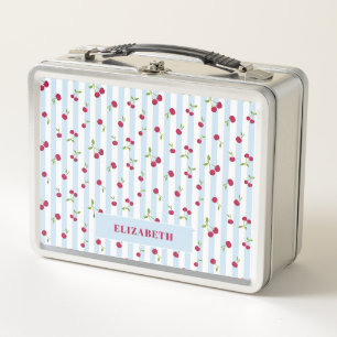 Personalized Cherry Blue Stripes Retro Cute Metal Lunch Box