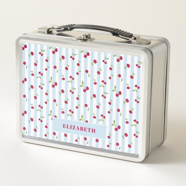 Personalized Cherry Blue Stripes Retro Cute Metal Lunch Box (Front)