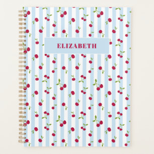 Personalized Cherry Blue Stripes Retro Cute Planner