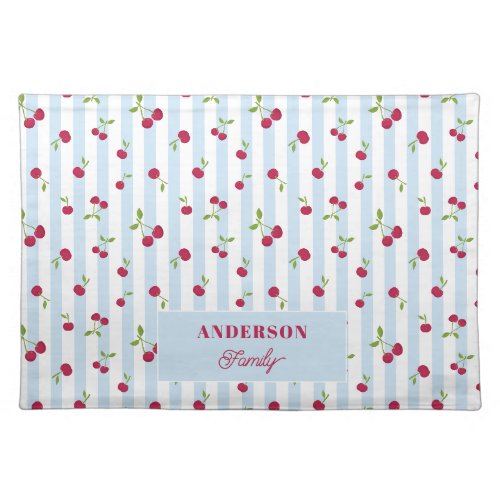 Personalized Cherry Blue Stripes Retro Cute Preppy Cloth Placemat