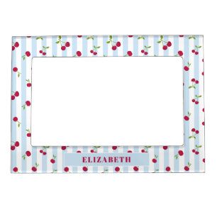 Personalized Cherry Blue Stripes Retro Cute Preppy Magnetic Frame