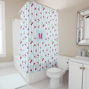 Personalized Cherry Blue Stripes Retro Cute Preppy Shower Curtain