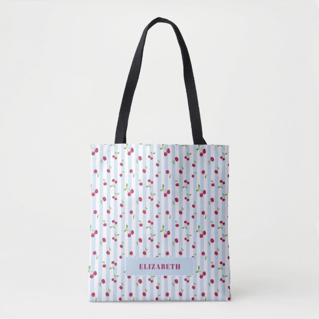 Personalized Cherry Blue Stripes Retro Cute Tote Bag (Front)