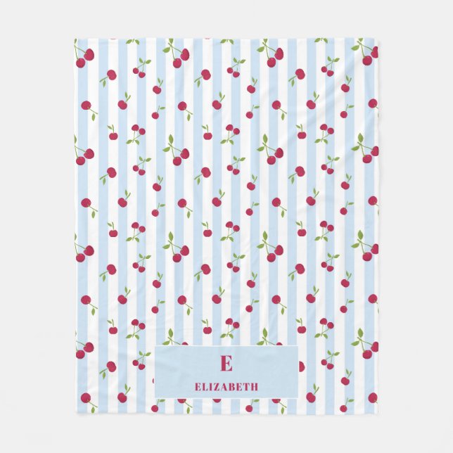 Personalized Cherry Blue Stripes Retro Monogram Fleece Blanket (Front)