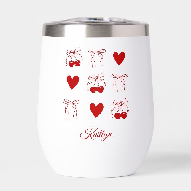 Personalized Cherry Bow Bachelorette Party Thermal Wine Tumbler (Front)
