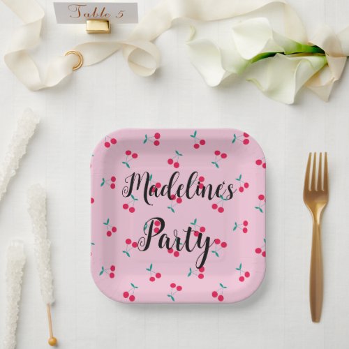 Personalized Cherry Cherries Pattern Pink Party  Paper Plates