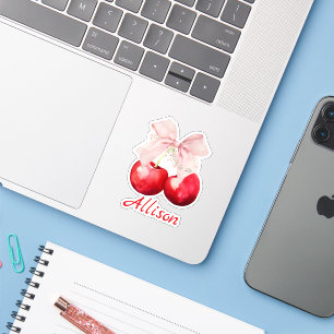 Personalized Cherry Coquette Pink Bow Cut Sticker