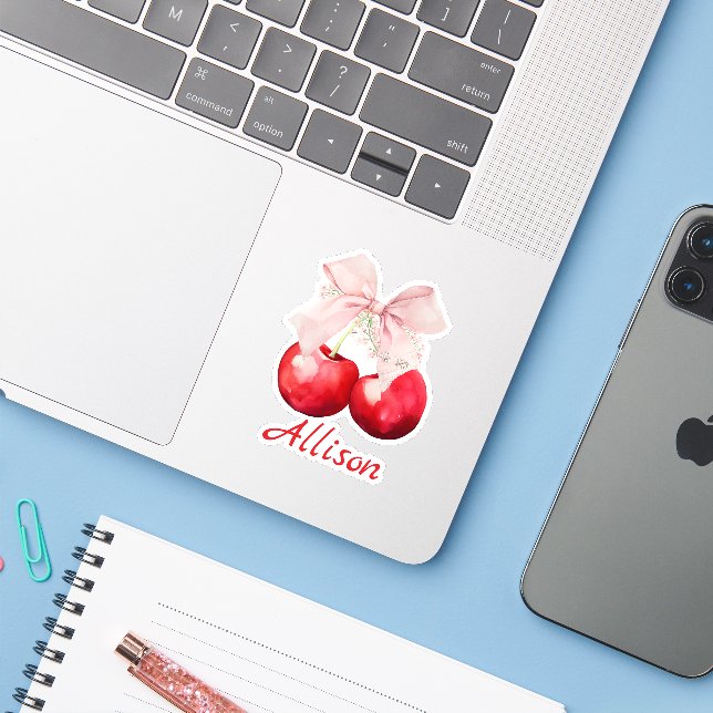 Personalized Cherry Coquette Pink Bow Cut Sticker (Laptop w/ iPhone)