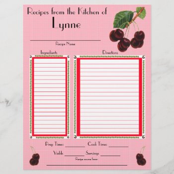 Personalized Cherry Design Recipe Page by Lynnes_creations at Zazzle